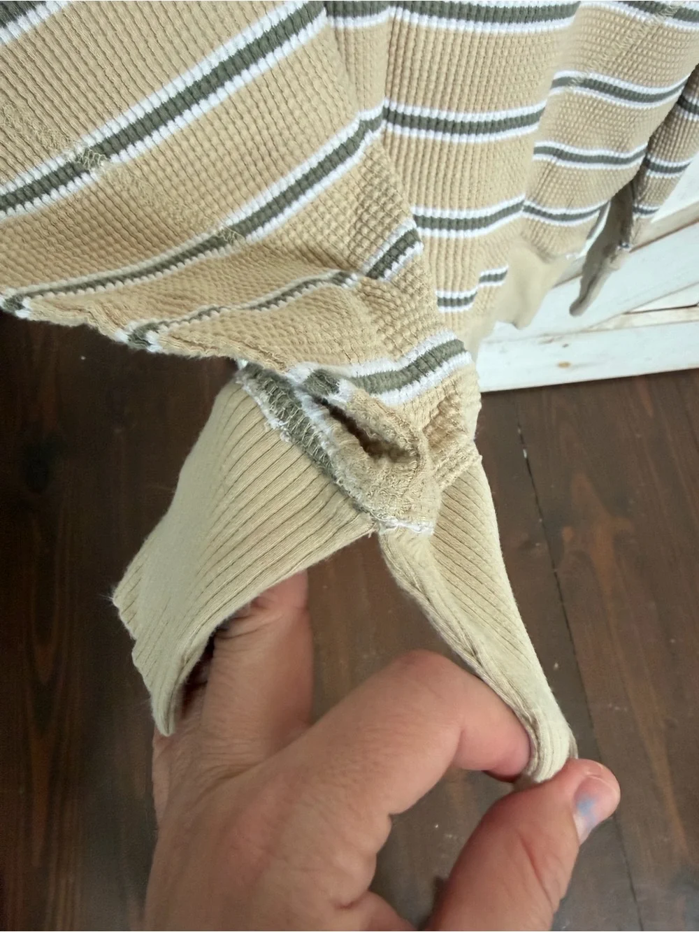Aerie Offline Beige Striped Knit Top with Olive & White Accents
